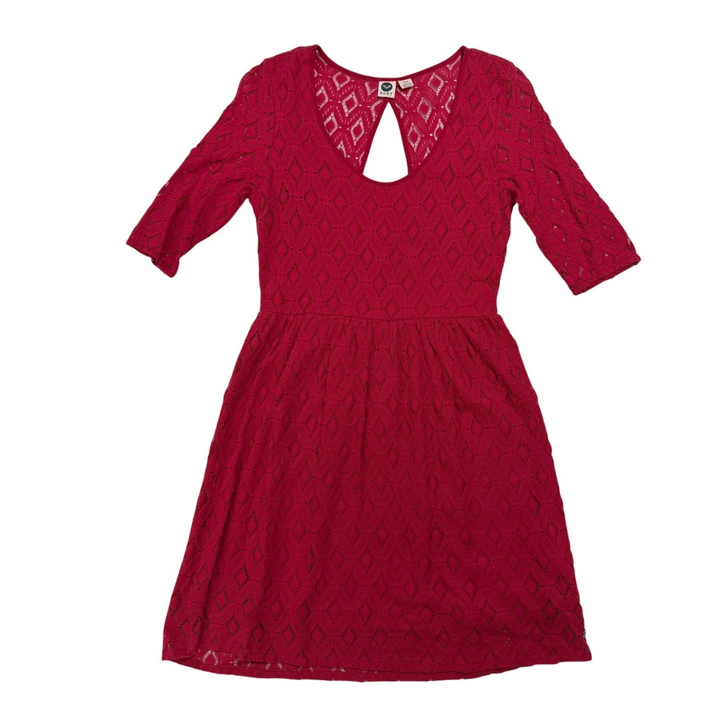 Roxy Pink Crochet Lace Dress Women's Small 3/4 Sleeve Keyhole Back Cotton